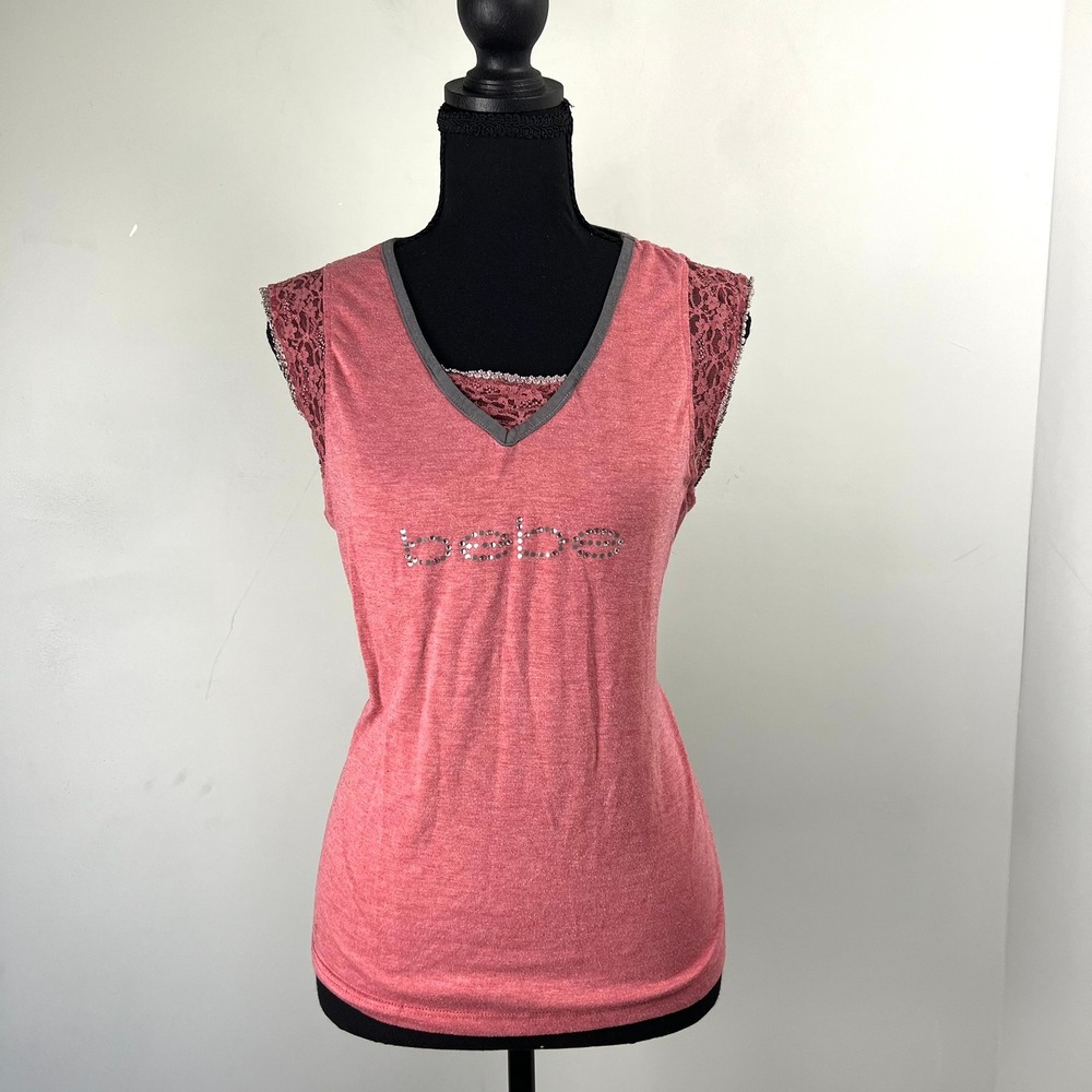 Vtg Bebe Top XL Pink Lace Cap Sleeve Rhinestone Logo V-Neck Y2k Bling Coquetee